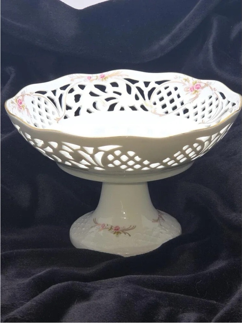 White Porcelain Pedestal Bowl with Pink Floral Accents